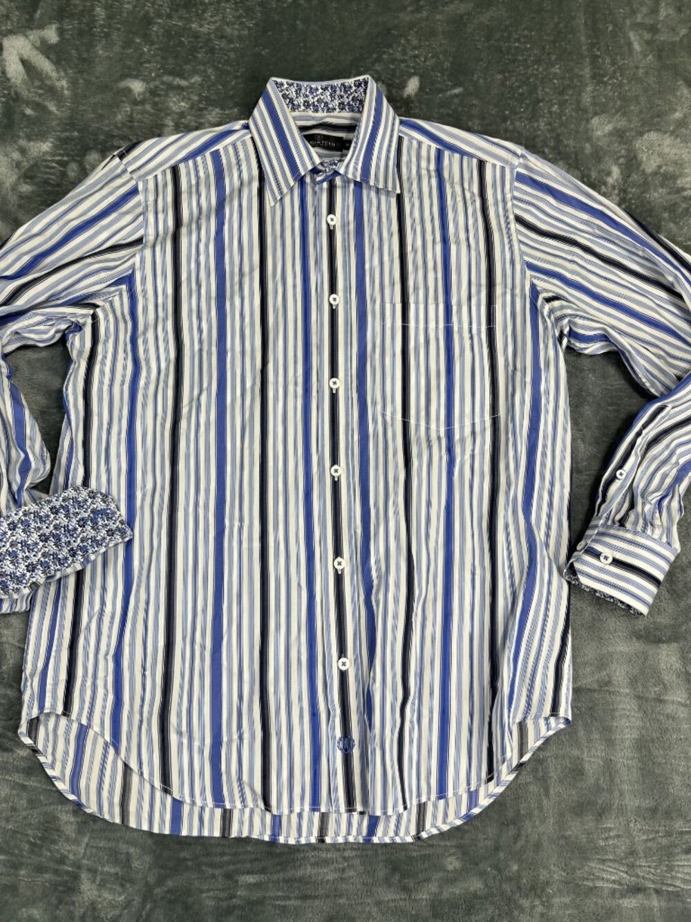 Bugatchi Uomo Mens Blue Striped Long Sleeve Button-Up Shirt Floral Cuffs M